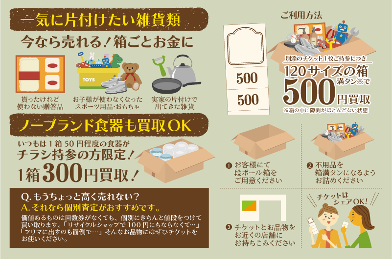 一気に片付けたい雑貨類、ノーブランド食器などを箱いっぱいにつめて店頭にお持ちください